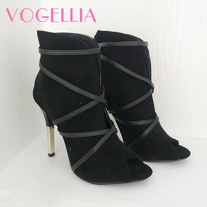 New Fashion Woman Faux Suede Pumps Sexy Open Toe Ankle Boots Slip On Deep V Cut High Heel Lady Autumn Shoes