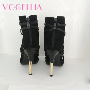 New Fashion Woman Faux Suede Pumps Sexy Open Toe Ankle Boots Slip On Deep V Cut High Heel Lady Autumn Shoes