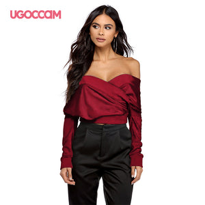 UGOCCAM Women Sexy Hollow Slim Fit Long Sleeve Shirt Hollow Out Back Top V-neck Short Bodycon Blouse Tops Casual Ladies Clothes