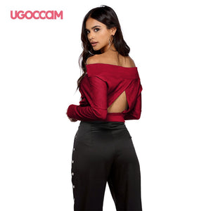 UGOCCAM Women Sexy Hollow Slim Fit Long Sleeve Shirt Hollow Out Back Top V-neck Short Bodycon Blouse Tops Casual Ladies Clothes