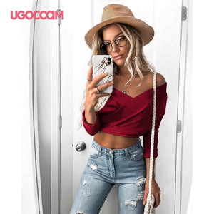 UGOCCAM Women Sexy Hollow Slim Fit Long Sleeve Shirt Hollow Out Back Top V-neck Short Bodycon Blouse Tops Casual Ladies Clothes