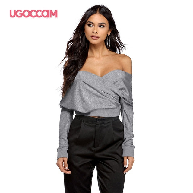 UGOCCAM Women Sexy Hollow Slim Fit Long Sleeve Shirt Hollow Out Back Top V-neck Short Bodycon Blouse Tops Casual Ladies Clothes