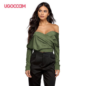 UGOCCAM Women Sexy Hollow Slim Fit Long Sleeve Shirt Hollow Out Back Top V-neck Short Bodycon Blouse Tops Casual Ladies Clothes