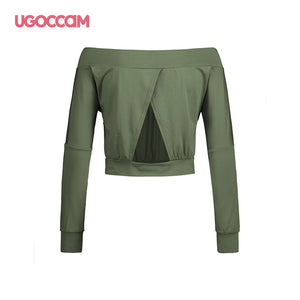 UGOCCAM Women Sexy Hollow Slim Fit Long Sleeve Shirt Hollow Out Back Top V-neck Short Bodycon Blouse Tops Casual Ladies Clothes