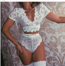 Load image into Gallery viewer, Lady Sexy white Lace Lingerie short sleeve deep v lace crop top bra G-string Underwear set Babydoll Sleepwear Crotch Bodysuit