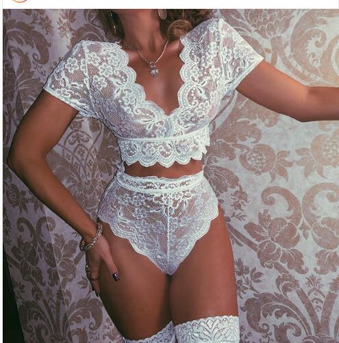 Lady Sexy white Lace Lingerie short sleeve deep v lace crop top bra G-string Underwear set Babydoll Sleepwear Crotch Bodysuit