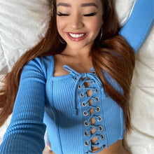 Load image into Gallery viewer, Knitted Women Tops Hole Square Collar Street Style Sexy Short Tops Solid Long Sleeve Spring and Autumn Top