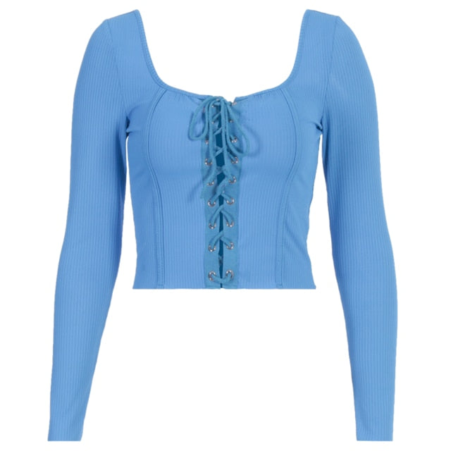 Knitted Women Tops Hole Square Collar Street Style Sexy Short Tops Solid Long Sleeve Spring and Autumn Top