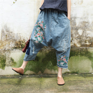 Women Baggy Low Crotch Denim  Size Elastic Waist Floral Embroidered Jeans