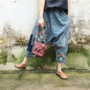 Women Baggy Low Crotch Denim  Size Elastic Waist Floral Embroidered Jeans