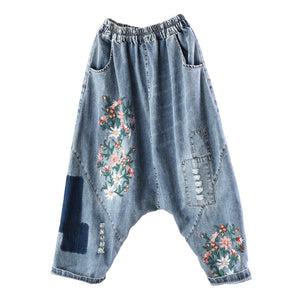 Women Baggy Low Crotch Denim  Size Elastic Waist Floral Embroidered Jeans