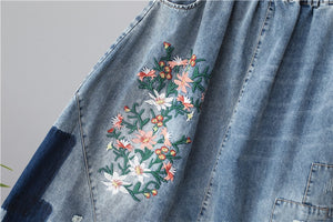 Women Baggy Low Crotch Denim  Size Elastic Waist Floral Embroidered Jeans