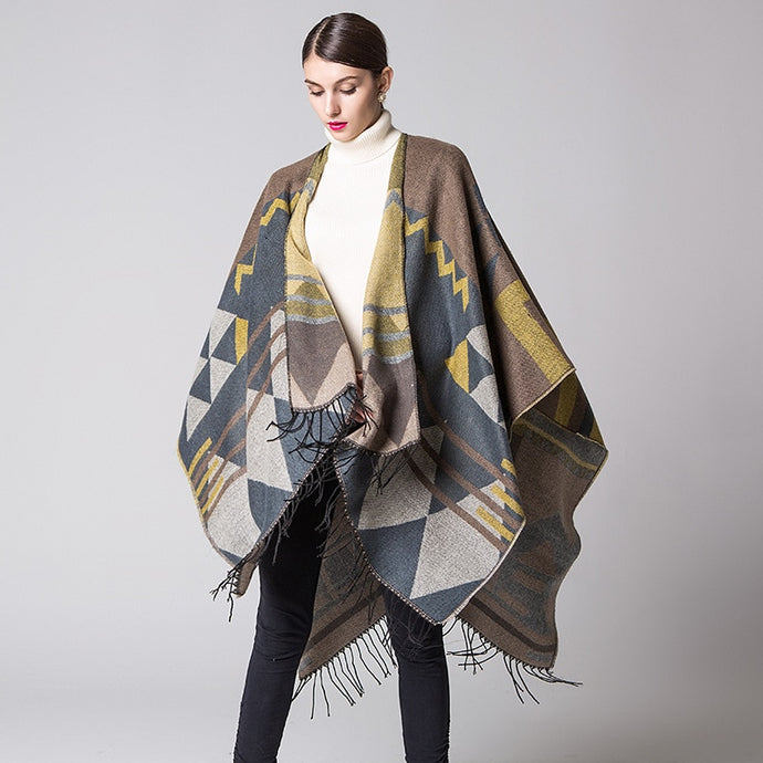 Women Bohemia tassel Europe and America lengthened thickened cashmere autumn and winter national wind travel split shawl cape