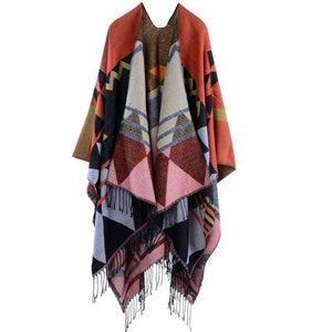 Women Bohemia tassel Europe and America lengthened thickened cashmere autumn and winter national wind travel split shawl cape