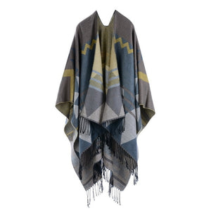 Women Bohemia tassel Europe and America lengthened thickened cashmere autumn and winter national wind travel split shawl cape