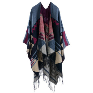 Women Bohemia tassel Europe and America lengthened thickened cashmere autumn and winter national wind travel split shawl cape