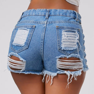 Women Denim Shorts Ripped Short Jeans Tassel Lace Up