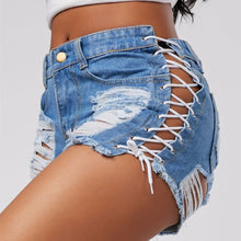 Load image into Gallery viewer, Women Denim Shorts Ripped Short Jeans Tassel Lace Up