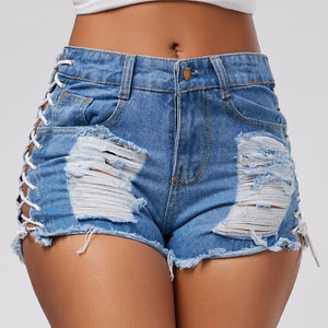 Women Denim Shorts Ripped Short Jeans Tassel Lace Up