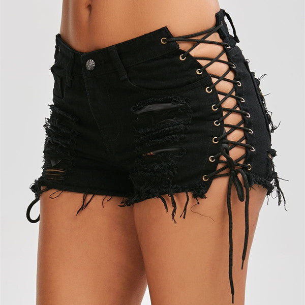 Women Denim Shorts Ripped Short Jeans Tassel Lace Up