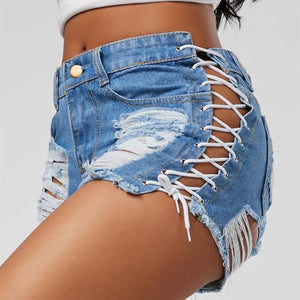 Women Denim Shorts Ripped Short Jeans Tassel Lace Up