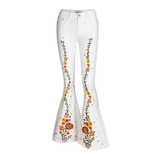 Women Flares Jeans Plus Size Stretch Button Beaded Jeans Casual Denim Pants Trousers