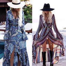 Load image into Gallery viewer, Women Long Maxi Dresses Bohemia V-neck Long Sleeve Floral Print Ethnic Summer Beach Female Split Stylish Style Dress