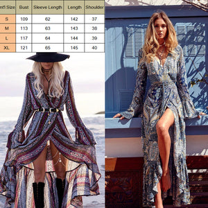 Women Long Maxi Dresses Bohemia V-neck Long Sleeve Floral Print Ethnic Summer Beach Female Split Stylish Style Dress