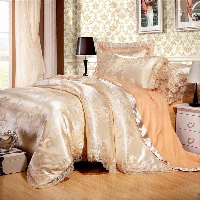 Gold/White/Blue Jacquard Silk Bedding Set Luxury 4/6pcs Satin Bed Set Duvet Cover King Queen Bedclothes Bed Linen Sets 29 Design