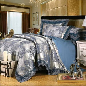 Gold/White/Blue Jacquard Silk Bedding Set Luxury 4/6pcs Satin Bed Set Duvet Cover King Queen Bedclothes Bed Linen Sets 29 Design