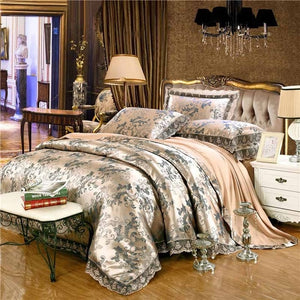 Gold/White/Blue Jacquard Silk Bedding Set Luxury 4/6pcs Satin Bed Set Duvet Cover King Queen Bedclothes Bed Linen Sets 29 Design