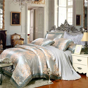 Gold/White/Blue Jacquard Silk Bedding Set Luxury 4/6pcs Satin Bed Set Duvet Cover King Queen Bedclothes Bed Linen Sets 29 Design