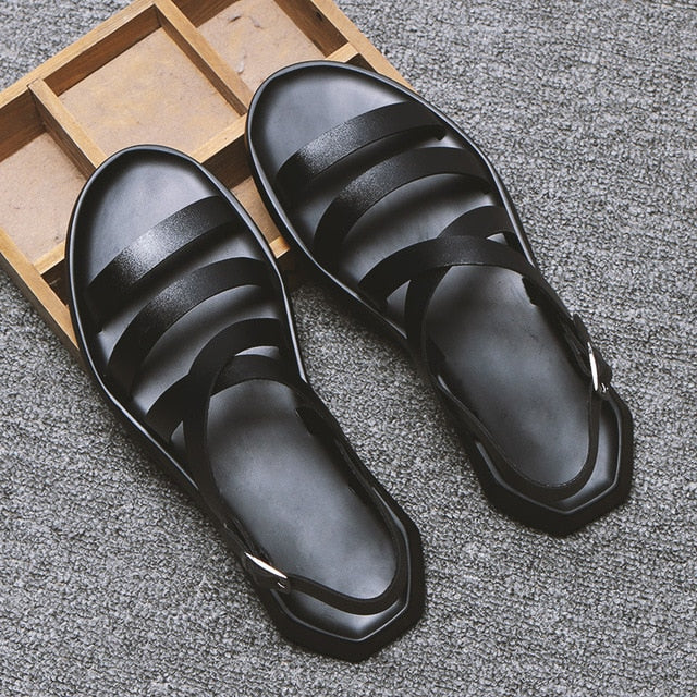 Mens Sandals Leather Men Summer Shoes 2020 Flat Beach Sandals Male Black White Shoes KA1151