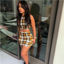 Load image into Gallery viewer, ANJAMANOR Yellow Plaid Print Sexy 2 Piece Set Womens Summer Matching Sets Club Outfits Crop Top and Skirt Short Suit D37-AZ72
