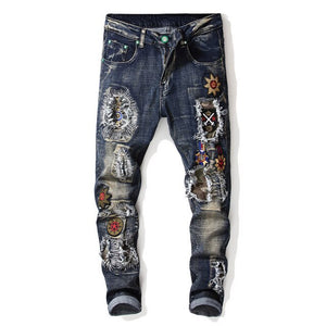 AUTUMN Winter Men's Patchwork Ripped Embroidered Stretch Jeans Trendy Holes Straight Denim Trouers