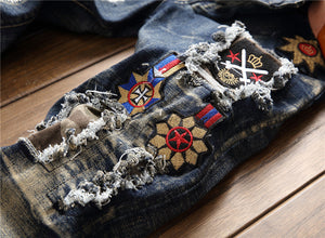 AUTUMN Winter Men's Patchwork Ripped Embroidered Stretch Jeans Trendy Holes Straight Denim Trouers