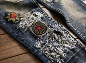 AUTUMN Winter Men's Patchwork Ripped Embroidered Stretch Jeans Trendy Holes Straight Denim Trouers