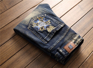 AUTUMN Winter Men's Patchwork Ripped Embroidered Stretch Jeans Trendy Holes Straight Denim Trouers