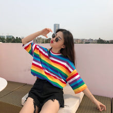 Load image into Gallery viewer, Women Rainbow Striped Tops Short Sleeve Punk T-shirt