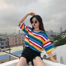 Load image into Gallery viewer, Women Rainbow Striped Tops Short Sleeve Punk T-shirt