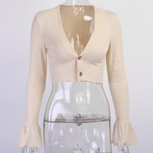 Load image into Gallery viewer, Cotton Ribbed Knitted Deep V-Neck Sexy T-shirt Front Button Ruffles Long Flare Sleeve Autumn Elegant Women Cropped Top