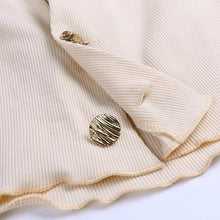 Load image into Gallery viewer, Cotton Ribbed Knitted Deep V-Neck Sexy T-shirt Front Button Ruffles Long Flare Sleeve Autumn Elegant Women Cropped Top