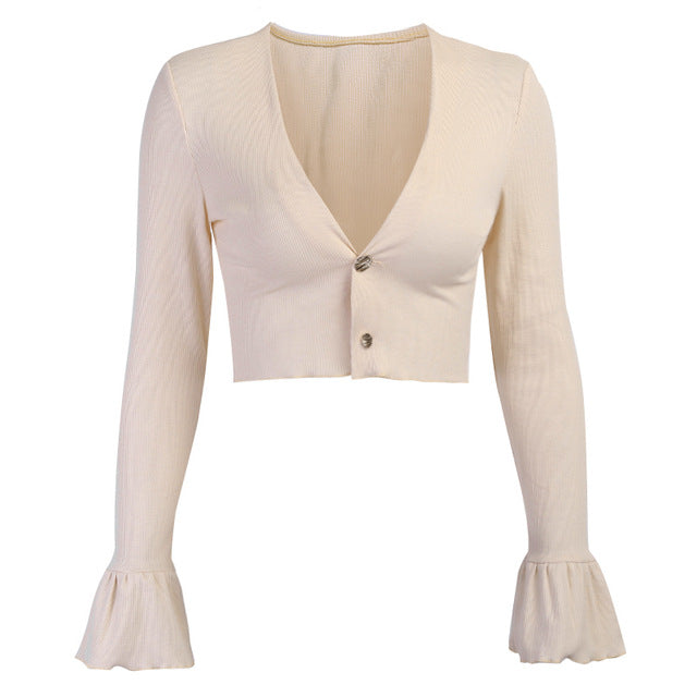 Cotton Ribbed Knitted Deep V-Neck Sexy T-shirt Front Button Ruffles Long Flare Sleeve Autumn Elegant Women Cropped Top