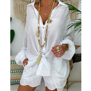 Long Sleeve White Tunic Cardigan Casual Loose Button Turn Down Collar Blouses Shirts