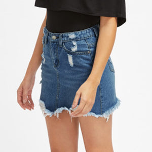 Women Blue Ripped Casual Mini Denim Skirt 2020 Summer New Body con Women Skirt Basic Pocket Jeans Skirt Mid Waist Skirt