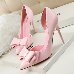 Fashion Delicate Sweet Bowknot High Heel Shoes Side Hollow Pointed Women Pumps Pointed Toe 10.5CM thin Dress Shoes