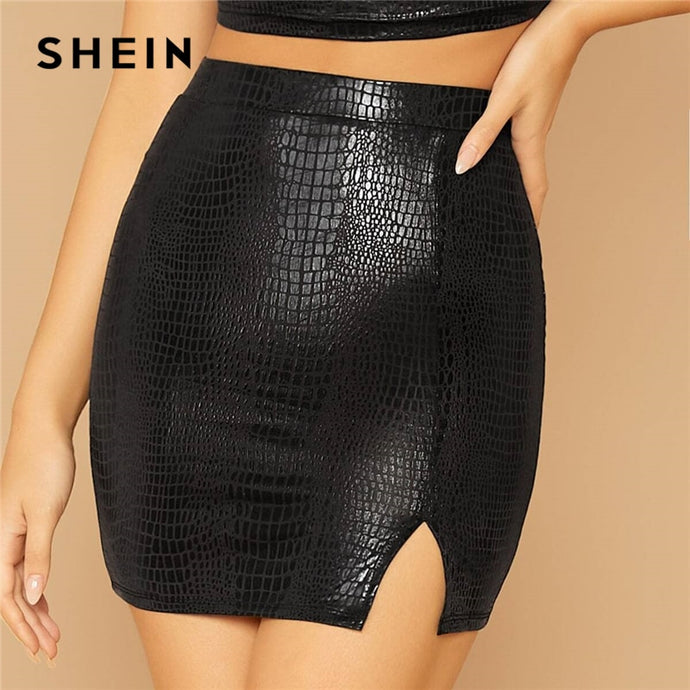 Black Split Side Snake Embossed Party Body con Autumn High Waist Night Out  Mini Sexy Skirts