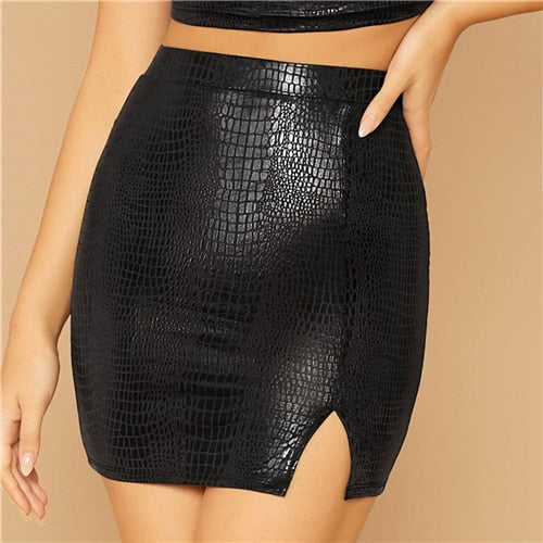 Black Split Side Snake Embossed Party Body con Autumn High Waist Night Out  Mini Sexy Skirts