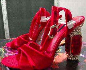 Sexy Luxury Rhinestone Heel Summer Sandals Cross Strap Velour Formal High Heel Party Pumps