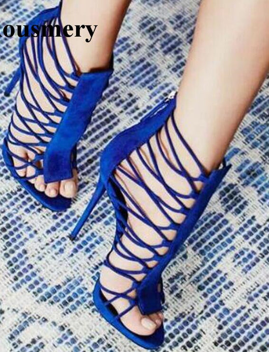 Women Fashion Blue Suede Leather Cut-out High Heel Sandals Strap Cross Thin Heel Sandals